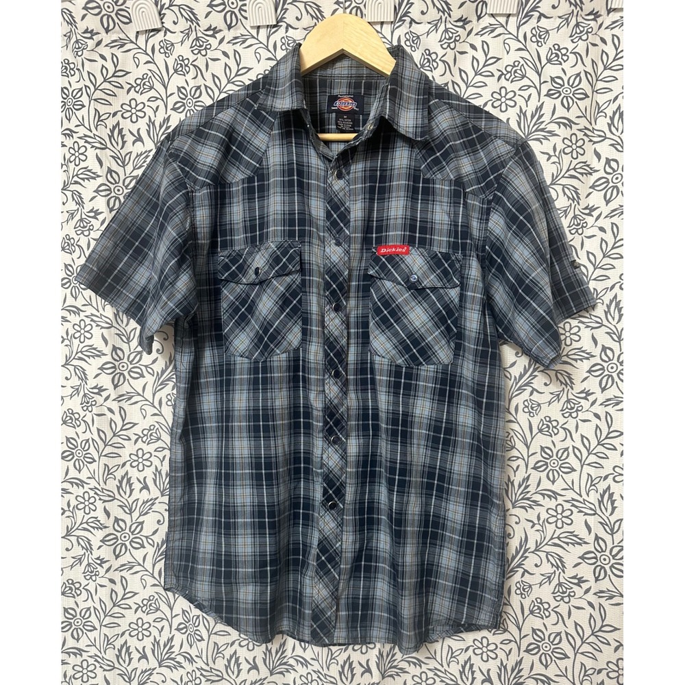 Dickies Mens Blue Grey Plaid Short Sleeve Western Snap Button Work Shirt Medium